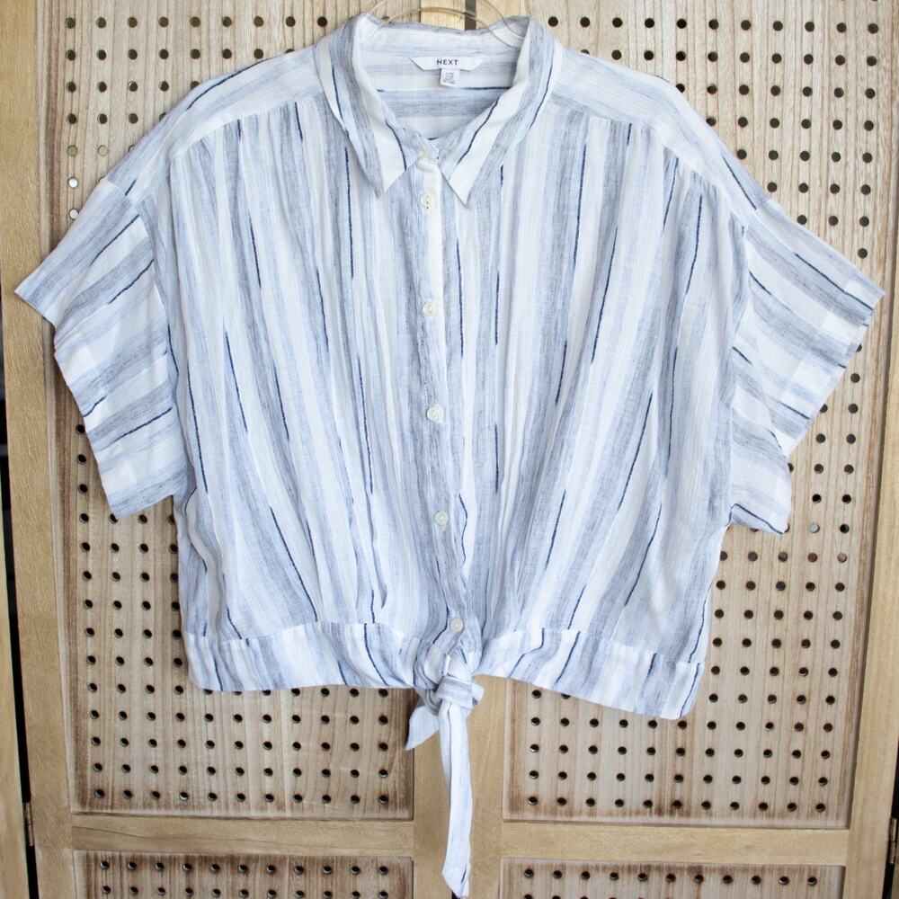 NEXT Womens SIZE 16 Front Tie Crop Gauze Cotton Top Blue White‎